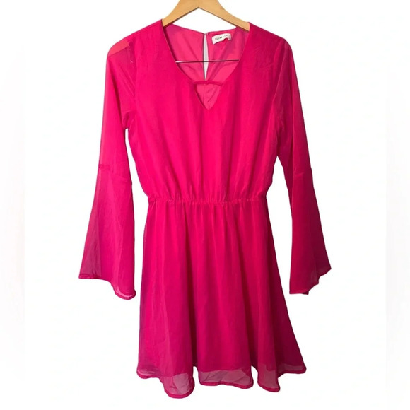 Pink Sugar Lips Fuchsia Long-Sleeve Chiffon Dress with Keyhole Detail - Picture 1 of 3